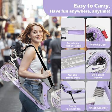 Самокат трюковий Kickscooter LED-ліловий, колеса 200мм, для дітей 8-12 років та дорослих, з дисковими гальмами та подвійною амортизацією, складаний, з ременем для перенесення