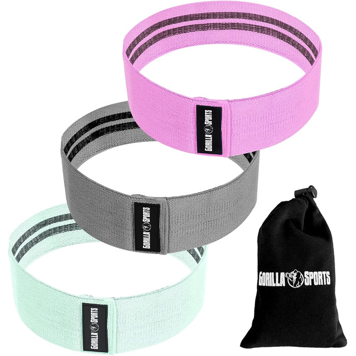 Гума для фітнесу GORILLA SPORTS® - набір 3 шт., з сумкою, 3 рівні опору та кольори, 76 см, нековзна, гумова - еспандер, фітнес-гумка, тренувальний банд, hip bands, йога, тренування ніг