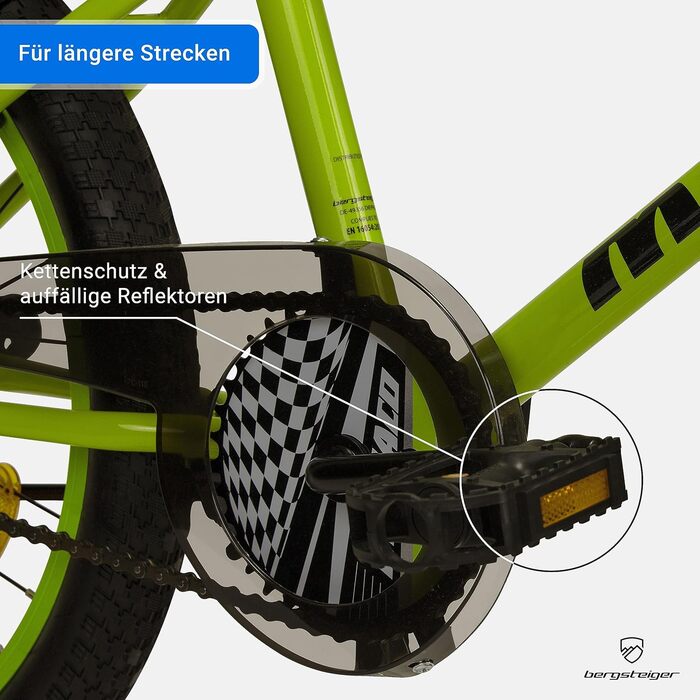 Дитячий велосипед BMX Bergsteiger Monaco 20 дюймів, фрістайл, 6-9 років, 4 сталеві пеги, захист ланцюга, вільний хід, зелений