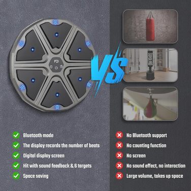 Музична боксерська машина Todeco з LED, Bluetooth, рукавичками та настінною ціллю - 9 режимів швидкості та режим підрахунку для дітей та дорослих