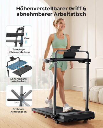 Складана бігова доріжка для дому з нахилом 7%, Walking Pad до 12 км/год, з регульованим поручнем та знімним робочим столом, двигун 3.0 к.с., керування через додаток та пульт, червоно-чорна