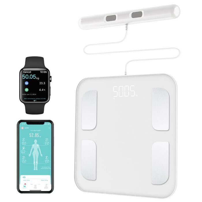 Fitdays Розумна вага для аналізу тіла - 8 електродів, точна цифрова вага BMI з Bluetooth, 20+ показників, синхронізація для 6 користувачів (FG2001B-A-біла)