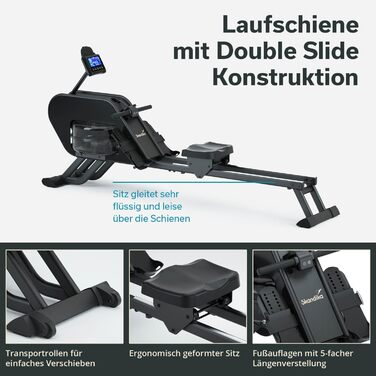 Гребний тренажер Skandika Nemo III Hybrid з водним та магнітним опором, 32 рівні електроні контролю опору, 15 програм, до 200 см, сумісний з додатком, для дому | Гребний тренажер, фітнес-обладнання для дому