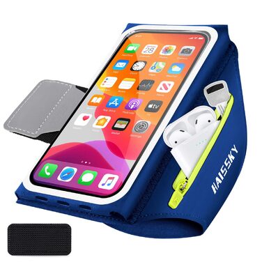 Спортивна сумка для телефону на руку Razobws з відділенням для навушників, підходить для iPhone 17 16 15 14 13 12 11 Pro Max, Galaxy S24 S23 Ultra, чорний/морський блакитний (до 6.8 дюймів)