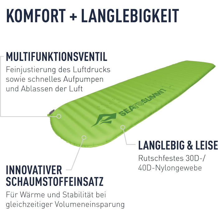 Каремат Sea to Summit Comfort Light Self Inflating Regular Green - самонадувний килимок для туризму, піших прогулянок, 2.5 сезони, з технологією Delta Core та системою Packsack & Pillow Lock