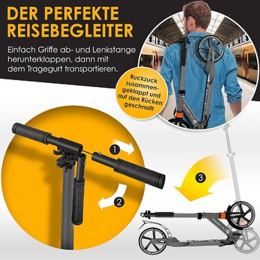 Самокат KESSER Cityroller Pro-S з великими колесами 205 мм, PU, з подвійною амортизацією, складаний та регульований по висоті, для дорослих і дітей
