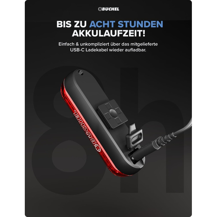 Велосипедне заднє світло Büchel LED, акумуляторне, сертифіковане StVZO, для велосипеда та електровелосипеда, з функцією показу гальмування