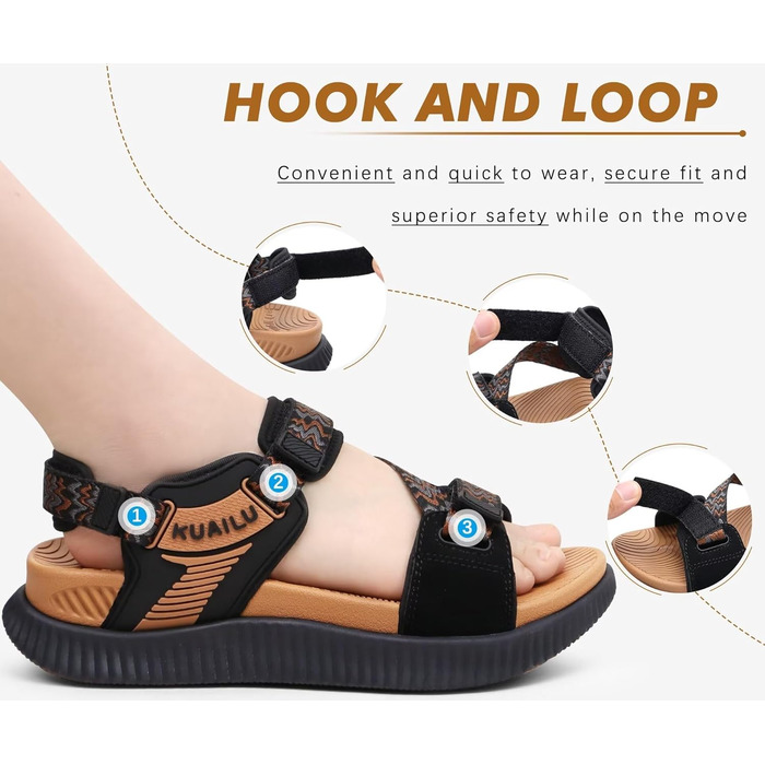 Жіночі трекінгові сандалії KuaiLu: зручні ортопедичні сандалі для туризму та активного відпочинку, літні, з регулюванням на липучках, відкриті, для підтримки стопи при фасціїтісу, чорний/хакі, 42 EU