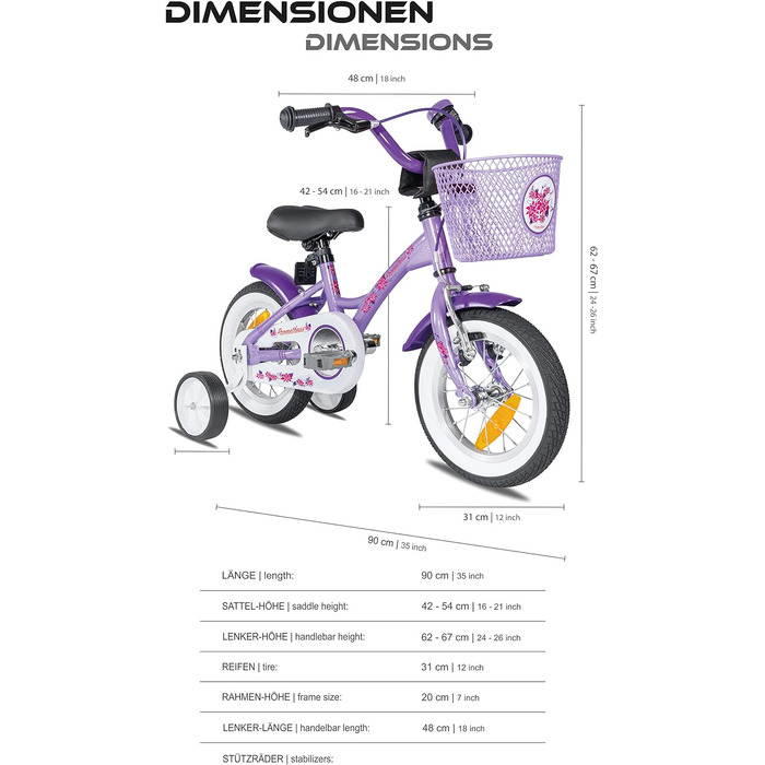 Дитячий велосипед Prometheus для дівчаток 12 дюймів з підтримкою коліс та заднім гальмом, фіолетовий