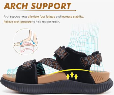 Жіночі трекінгові сандалії KuaiLu: зручні ортопедичні сандалі для туризму та активного відпочинку, літні, з регулюванням на липучках, відкриті, для підтримки стопи при фасціїтісу, чорний/хакі, 42 EU