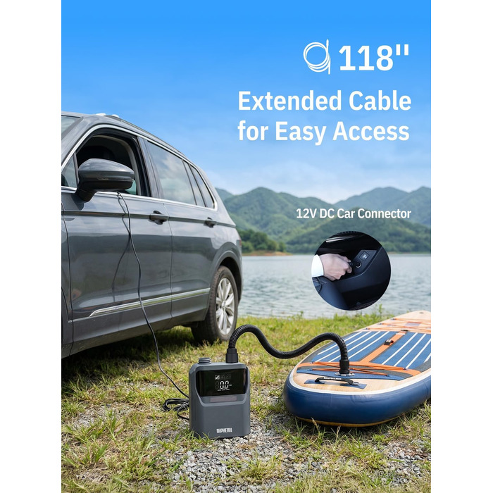 Електричний насос Niphean для SUP-дощок та автомобільних шин, 50 PSI, з подовженим кабелем зарядки 300 см та сумкою для зберігання