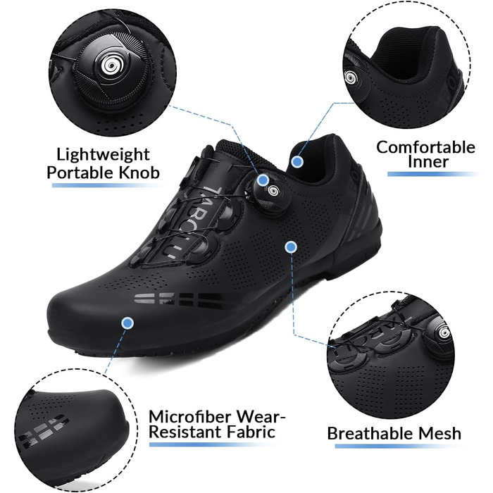 Велотуфлі для чоловіків та жінок: шосейні та MTB, з гумовою підошвою, дихаючі кросівки, антиковзкі, без застібок, розміри 36-47 EU, 43 EU, чорний