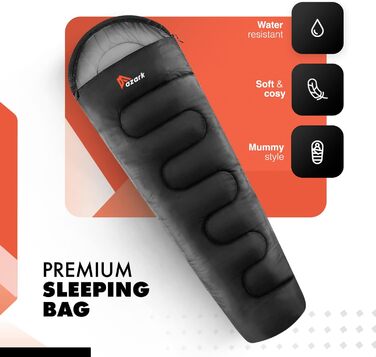 Сплячий мішок Azark Premium, 350 г/м², легкий та водонепроникний, для 4 сезонів, кемпінг, туризм, відпочинок на природі, дорослий та дитячий, чорний