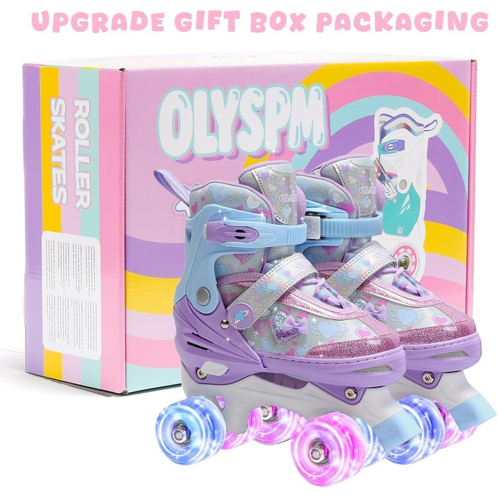 Ролики для дітей дівчаток з блискучими сердечками та світлодіодними колесами, 4-разово регульовані, ролики для початківців, ідеальний подарунок на день народження або Різдво, фіолетовий