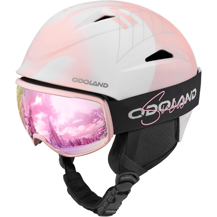 Шолом для лижного спорту та сноуборду Odoland з маскою, регульований розмір, захист вух, для чоловіків, жінок та підлітків (M (57-59 см), яскраво-рожевий)
