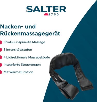 Масажер для шиї Salter EE6934BLKSTKEU7 з підігрівом, шиацу, 3 рівні інтенсивності, 4 масажні головки, проти болю в шиї, плечах і спині, UK/EU-штекер