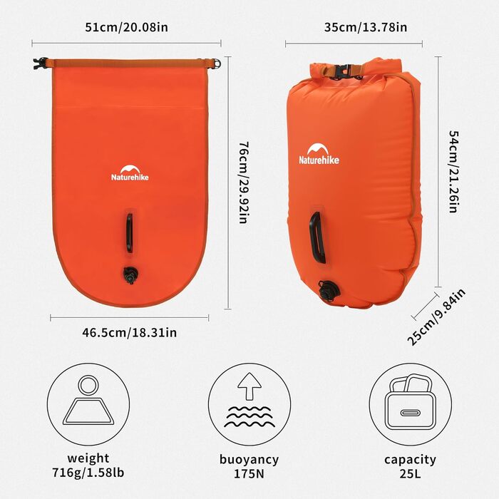 Надувна плавуча бойовка Naturehike 18L/25L з двома повітряними камерами, водонепроникний мішок, пляжна сумка з регульованим поясом для плавання та відпочинку на пляжі (Помаранчевий)