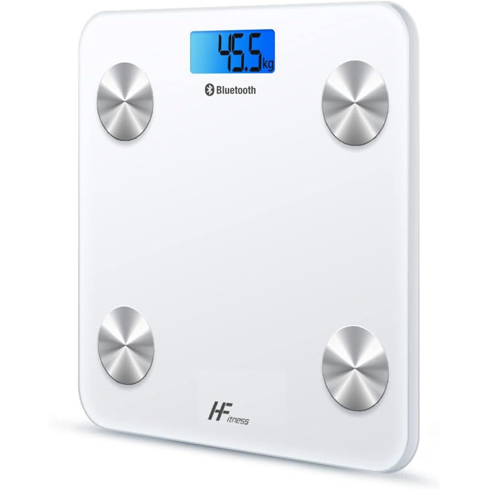 Інтелектуальна вага для тіла HomeFashion HFitness з Bluetooth, вимірювання жиру, BMI, iOS/Android, 28x28 см, білий корпус з блакитною підсвіткою
