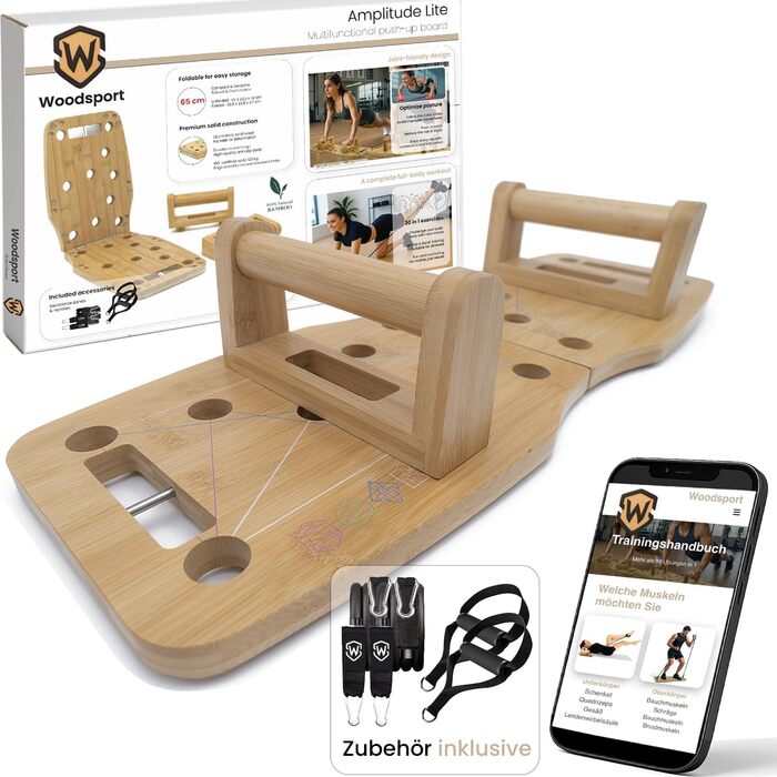 Бамбукова дошка для віджимань Amplitude Lite Premium Push Up Board (65 см) - складана, стабільна, з гумками та інструкцією 30 в 1