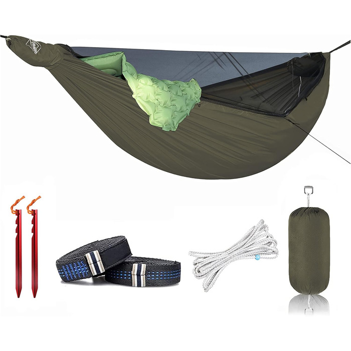Гамак Onewind Premium 11' з москітною сіткою та ременями для кріплення, 335x162 см, для кемпінгу, подорожей та хайкінгу