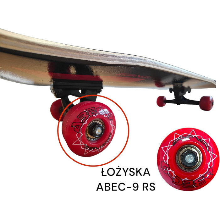 Скейтборд дорослий Holz (дерево) з підшипниками ABEC-9, 80x20 см, червоний - для скейтпарку та трюків