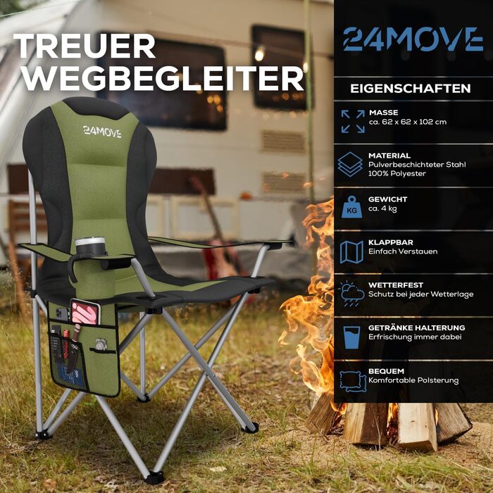 Крісло для кемпінгу 24MOVE® складне, 150 кг, з підлокітниками та кишенею, для риболовлі, пляжного відпочинку