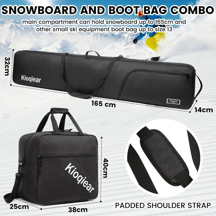 Сумка для сноуборду та черевиків Kioqiear з підкладкою, чорна (до 165 см та 43 розмір)