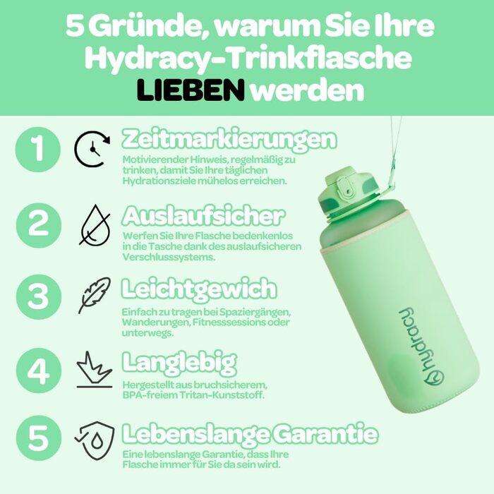 Водна пляшка Hydracy 2L зі стаканчиком та позначкою часу - спортивна пляшка без BPA, не протікає, з термоізоляцією, для спорту та активного відпочинку (2L, з трубочкою, колір: аква-зелений)