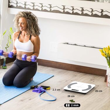 Інтелектуальна вага для тіла Healthkeep з вимірюванням складу тіла (13 показників), сумісна з iOS та Android, максимальне навантаження 180 кг, білий колір