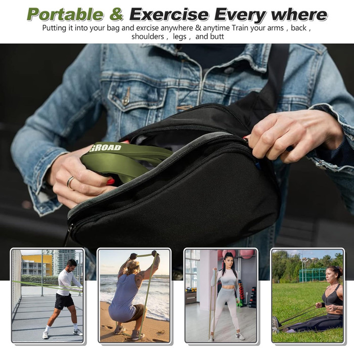 Набір еластичних стрічок опору 5 шт. для фітнесу, силових тренувань та пілатесу, з дверним фіксатором, зелені