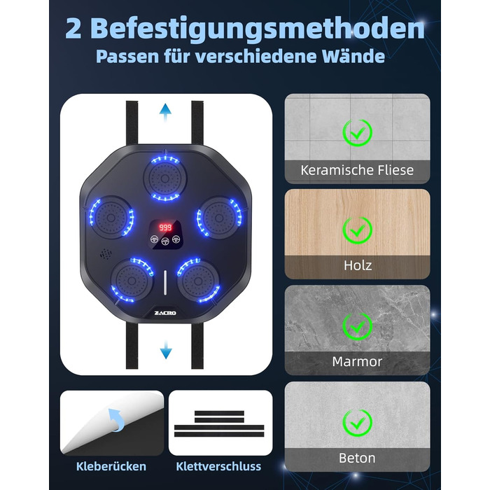 Музична боксмашина Zacro з LED-підсвіткою, розумна боксмашина, настінна, 9 режимів/швидкостей, з рукавичками та повязкою, чорна