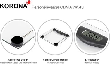 Ваги підлогові Korona OLIVIA 74540, електронні, скляні, 180 кг, LCD-дисплей, чорні, батарейки в комплекті