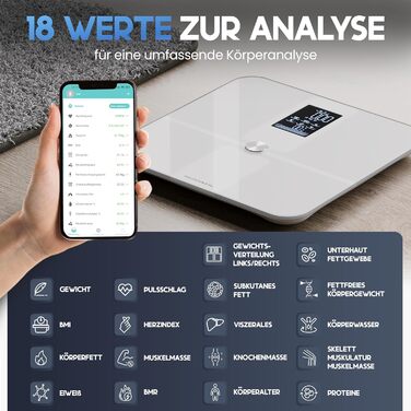 Цифрова вага для вимірювання жирової маси HELDENWERK Pro з додатком, 18 показників, біла, велика дисплей, елегантний дизайн