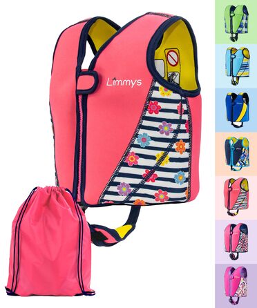 Дитячий жилет для плавання Limmys – підтримуюча допомога з регульованою плавучістю, CE-сертифікат, переможець тесту на Vergleich.de, м'який неопрен, безпечне та надійне виконання, з сумкою для транспортування M Рожева Квітка