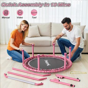 Міні-батут для фітнесу JOY SPOT! Ø102 см, складний, з пружинами та регульованою ручкою, вантажопідйомність 204 кг, для дому та вулиці, з скакалкою