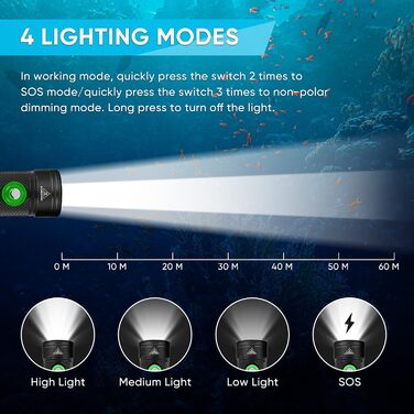 Водонепромісний ліхтар WINDFIRE Tauchschein для дайвінгу та снорклінгу, IPX8, 4 режими, індикатор заряду, перезаряджається