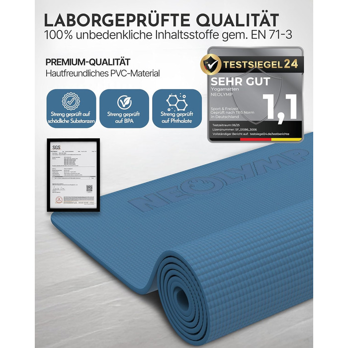 Килимок для йоги NEOLYMP – неслизький, захищає суглоби – 183x61 см – для дому, фітнесу, йоги, пілатесу – з інструкцією (Indigoblau)