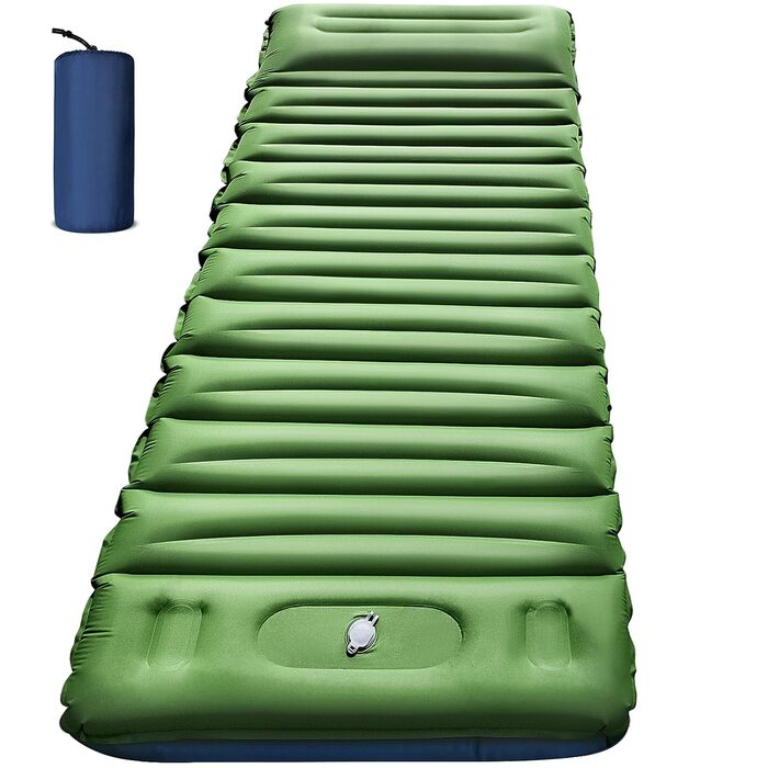 Надувний килимок для кемпінгу з інтегрованою помпою та подушкою, компактний, для туризму та подорожей (зелений+синій)