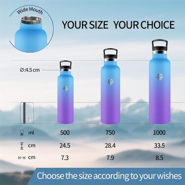 Термос-пляшка 1000 мл, нержавіюча сталь, з соломкою, без BPA, подвійні стінки, для води та газованих напоїв (блакитний & фіолетовий)