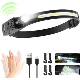 LED налобний ліхтар з акумулятором, надяскравий, широкий кут 230°, регульований фокус, 30 годин роботи, 7 режимів з датчиком руху, водонепроникний, легкий, для бігу, кемпінгу, риболовлі, 1 шт.