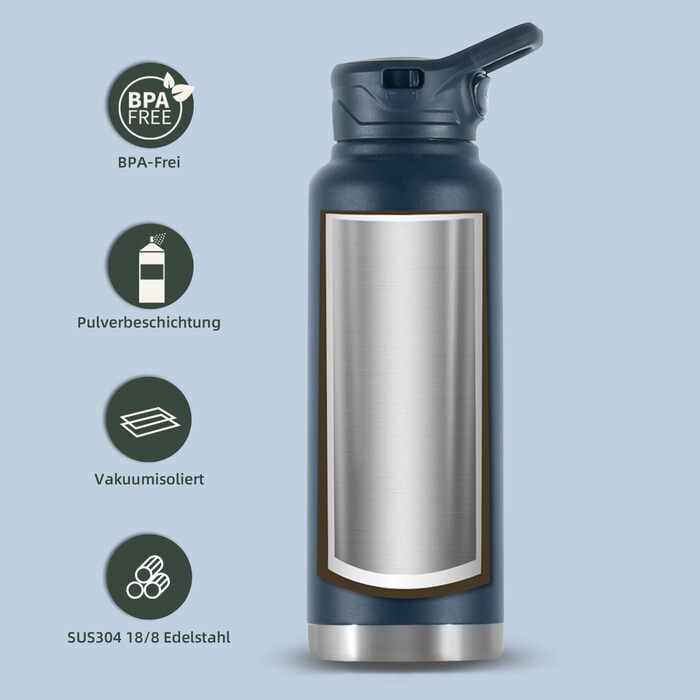Вакуумна пляшка для води IDEUS 1183 мл з нержавіючої сталі, подвійні стінки, спортивна металева фляга з герметичною кришкою, темно-синя