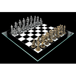 Шахи середньовічні лицарі Золото vs Срібло - набір шахів з скляною шахівницею та фігурами