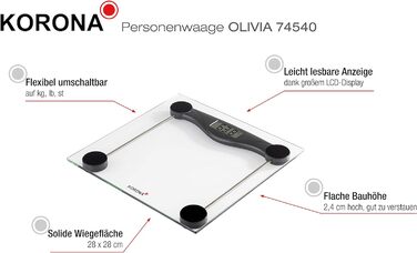 Ваги підлогові Korona OLIVIA 74540, електронні, скляні, 180 кг, LCD-дисплей, чорні, батарейки в комплекті