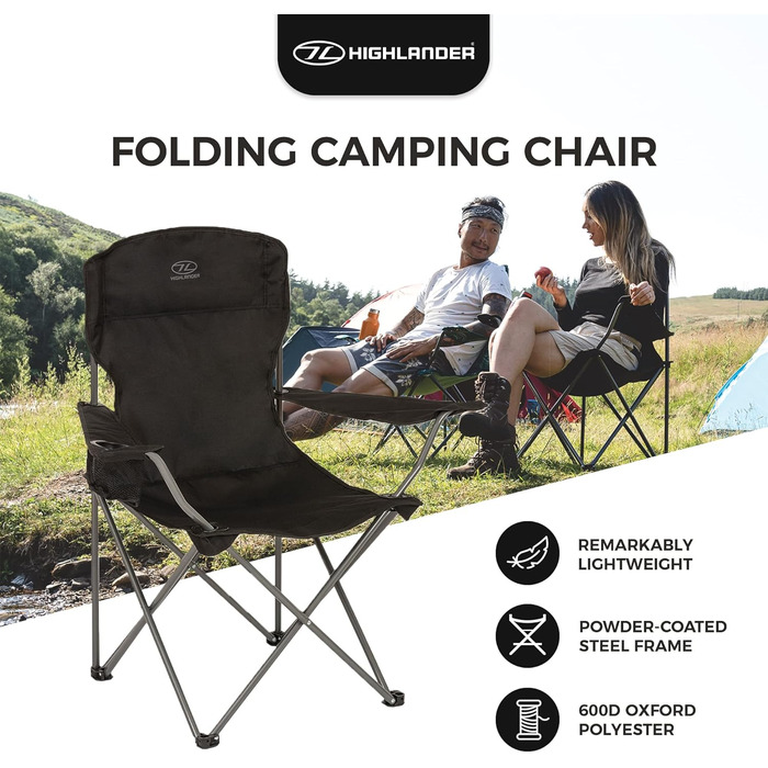 Крісло для кемпінгу Highlander - Легке та міцне туристичне крісло для відпочинку на природі. Підходить для кемпінгу, фестивалів, дачі, риболовлі та відпочинку на пляжі. Чорний колір.