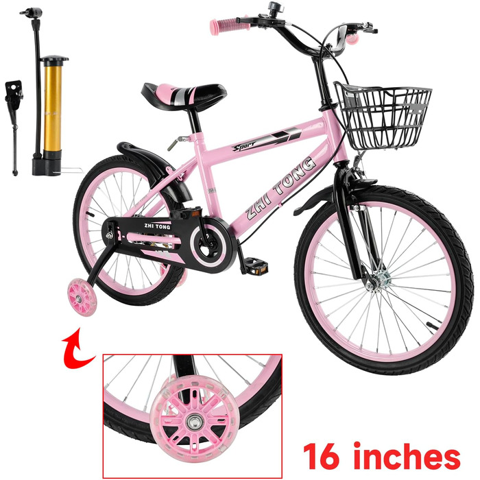 Дитяче велосипед 16 дюймів, регульоване сідло та кермо, рама з вуглецевої сталі, подвійні гальма, ударостійкі колеса, магнітні блискучі колеса, знімні додаткові колеса, для хлопчиків