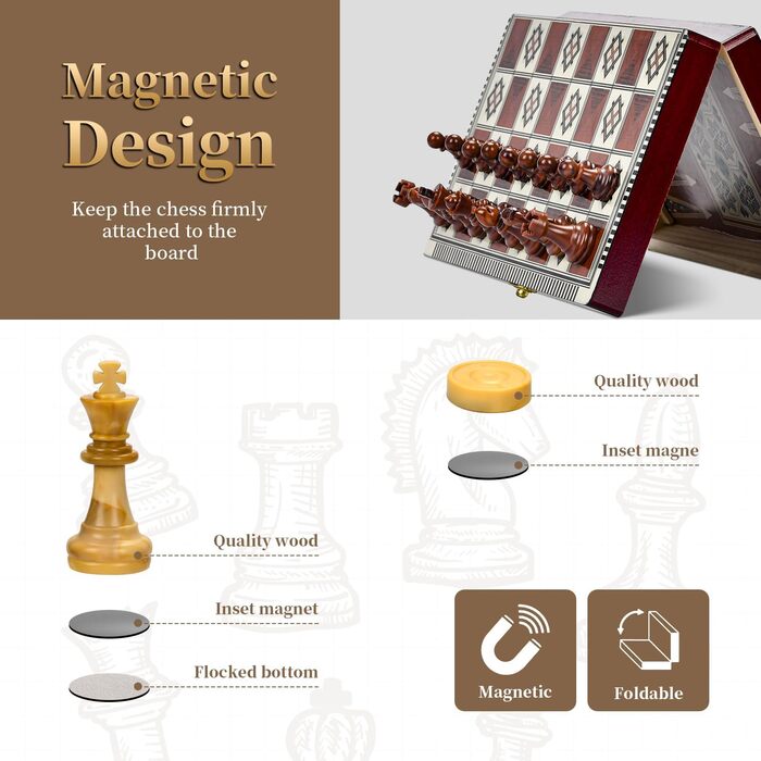 Магнітна шахова дошка з дерева 3 в 1, складана, для подорожей та дітей, 29x29 см