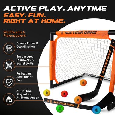 Набір для хокею ACE HOCKEY Shinny – повний комплект для гри в приміщенні та на вулиці (2 ворота, 2 ключки, 6 м'ячів)