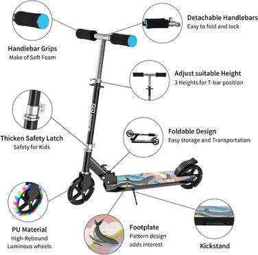 IMMEK Дитячий самокат з 2 колесами, складаний, з LED підсвіткою, PU колеса, регульована висота, для дітей від 4 років, до 80 кг, для хлопчиків і дівчаток