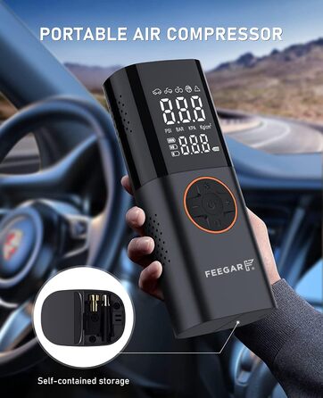 Портативний електричний компресор FEEGAR 150PSI для шин, акумулятор 7800mAh, павербанк, 12V DC, USB-C, LCD-екран, велосипедний насос з цифровою індикацією та ліхтарем