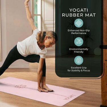 Протиковзкий килимок для йоги та фітнесу YOGATI з натурального каучуку, великий килимок з розміткою та сумкою для перенесення, рожевий